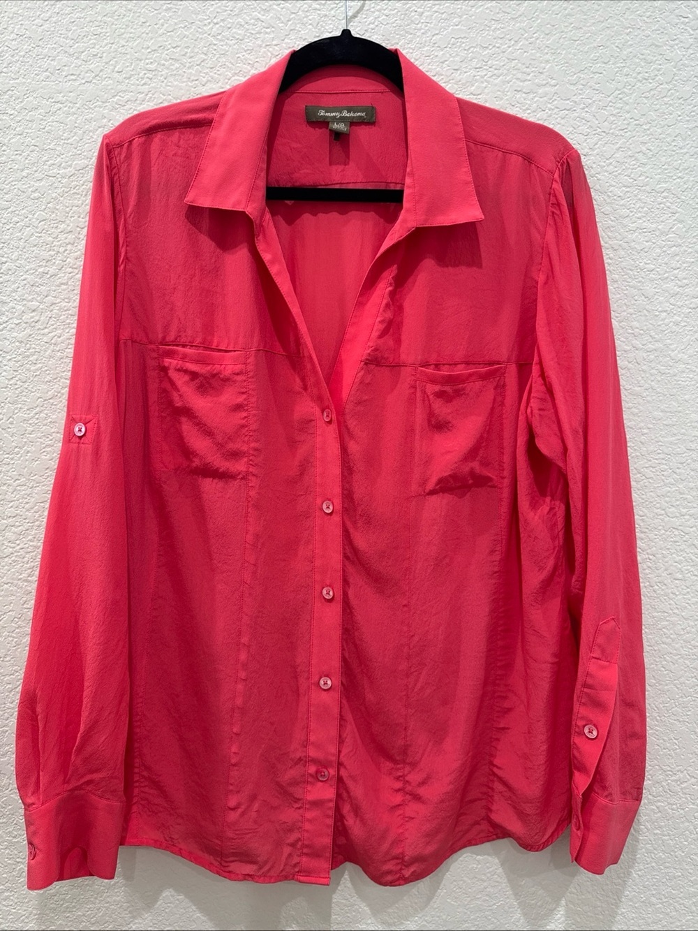 TOMMY BAHAMA Red 100% Silk Button Up Blouse Long Roll Tab Sleeves V-Neck Women L - Picture 2 of 8